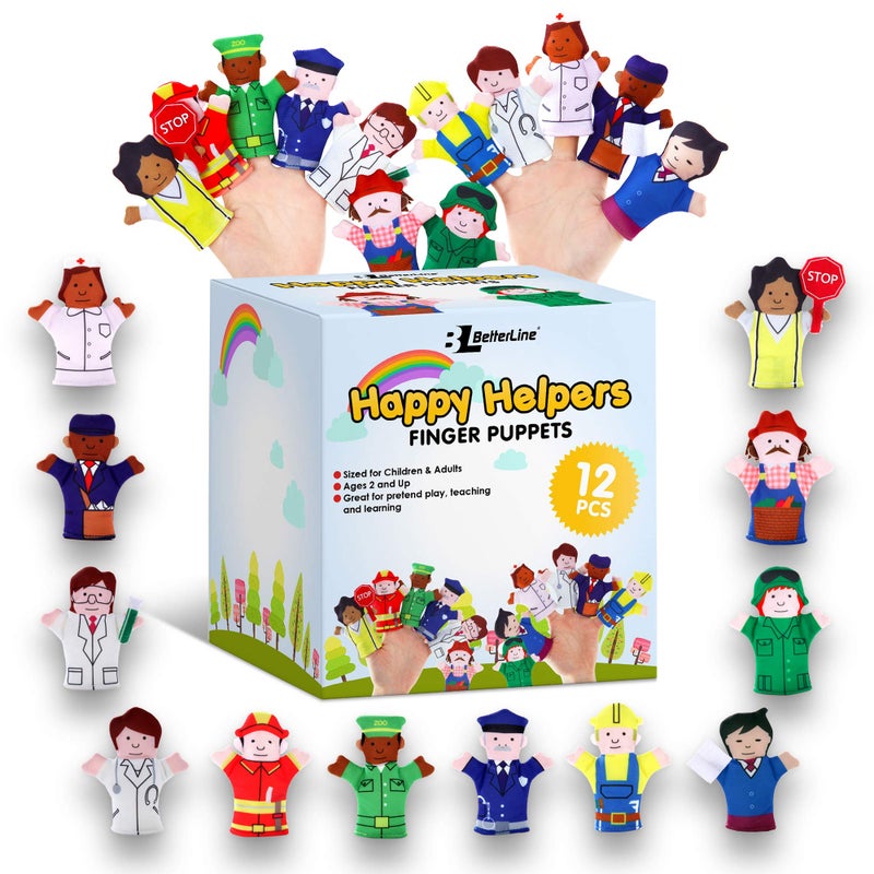 BETTERLINE Happy Helpers Finger Puppets 12-Piece Set - Teach and Learn with a Variety of Neighborhood People Characters - Free Bonus E-Book - for Families  Children  Kindergarten  Play and ESL - Image 1